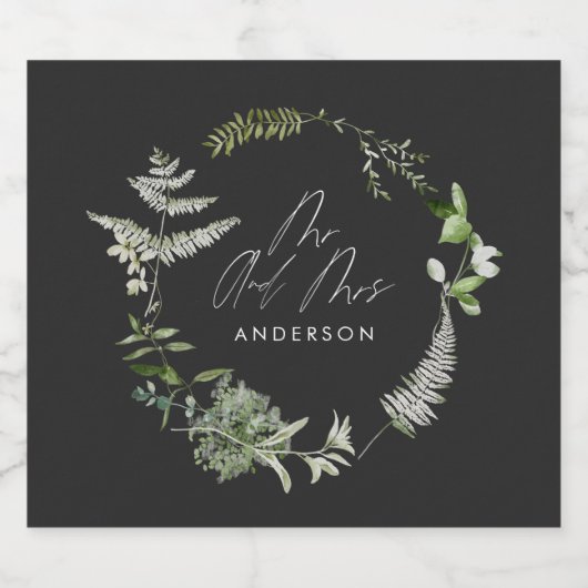 Schwarz elegante moderne botanische Skripthochzeit Alkoholflaschenetikett (Einzelnes Label)