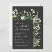 Schwarz elegante moderne botanische Skripthochzeit Einladung (Vorderseite)