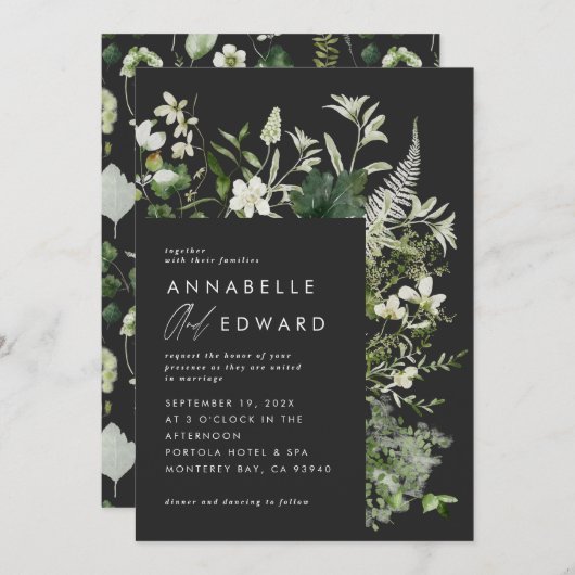 Schwarz elegante moderne botanische Skripthochzeit Einladung (Vorne/Hinten)