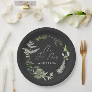 Schwarz elegante moderne botanische Skripthochzeit Pappteller