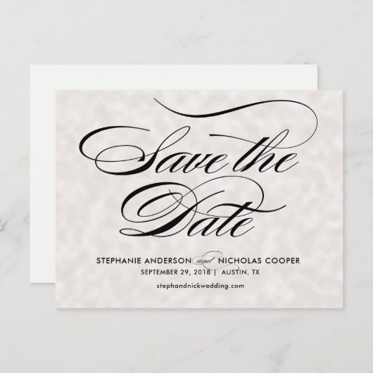 Schwarz elegante Perlen Skript Hochzeit speichern  Ankündigungspostkarte (Vorne/Hinten)