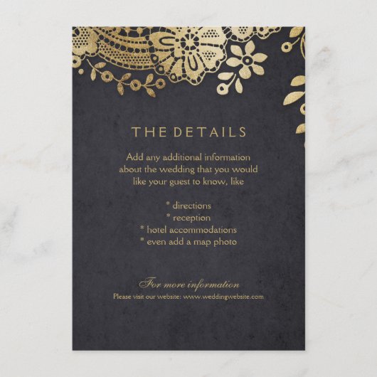 Schwarz elegante Spitzen Hochzeitskarte Begleitkarte (Vorderseite)