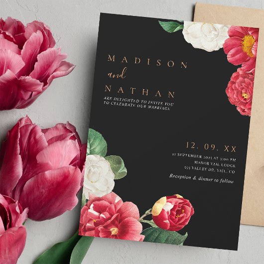 Schwarz Elegante Vintage Blumenhochzeit Einladung