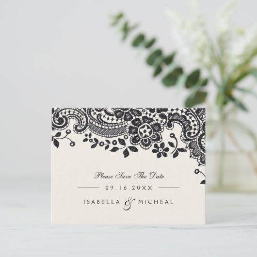 Schwarz elegante Vintage Spitzenhochzeit speichern Ankündigungspostkarte (Stehend Vorderseite)