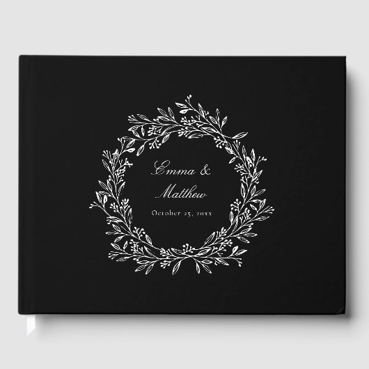 Schwarz-Eleganter Botanischer Coupel Logo-Kranz Gästebuch (Vorderseite)