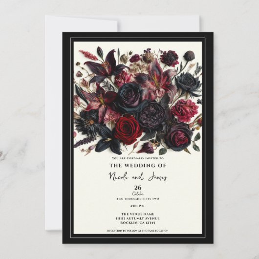 Schwarz Eleganter Fall Pressed Blume Dunkle Hochze Einladung (Vorderseite)