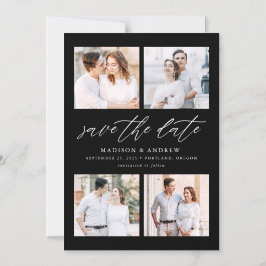 Schwarz-Elegantes Script 4 FotoCollage Save the Da Magneteinladung (Vorderseite)