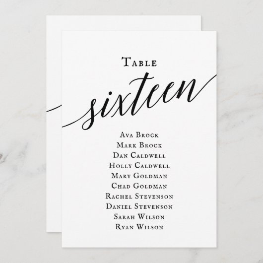 Schwarz-Elegantes Script-Tischnummer 16 Seating Ch Einladung (Vorne/Hinten)