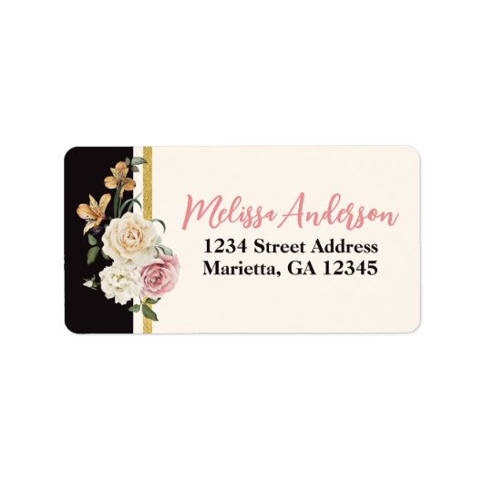 Schwarz, Elfenbein, Gold Florals Rücksendeadresse Adressaufkleber (Vorne)