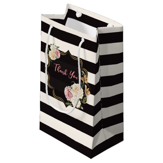 Schwarz, Elfenbein, goldene Blüte, gestreift Kleine Geschenktüte (Vorderseite Schrägansicht)
