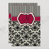 Schwarz, Elfenbein, rote Streifen Damasongram Einl Einladung (Vorne/Hinten)