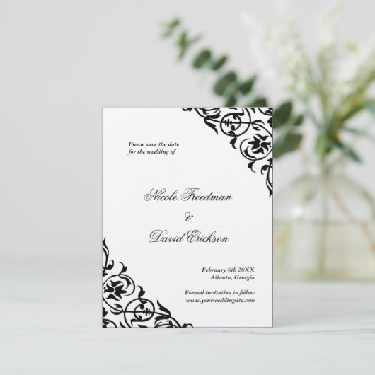 Schwarz empfundene formelle Hochzeit speichern Sie Save The Date (Stehend Vorderseite)