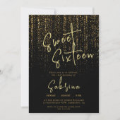 Schwarz Falling Golden Glitzern Sweet 16 Geburtsta Einladung (Vorderseite)