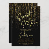 Schwarz Falling Golden Glitzern Sweet 16 Geburtsta Einladung (Vorne/Hinten)