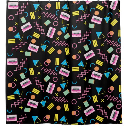 Schwarz farbenfrohe 80er Jahre Retro-Muster Duschvorhang (Vorderseite)