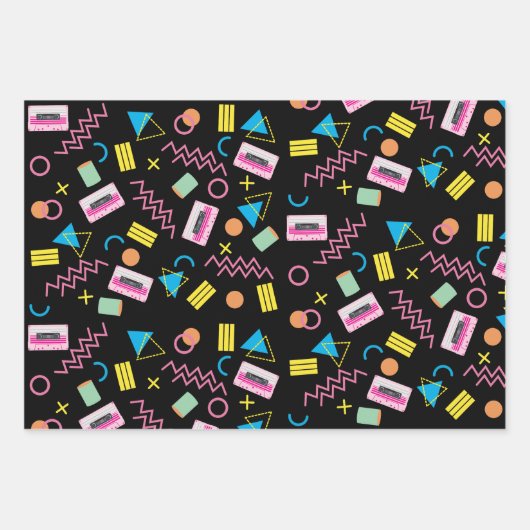 Schwarz farbenfrohe 80er Jahre Retro-Muster Geschenkpapier Set (Vorderseite 2)