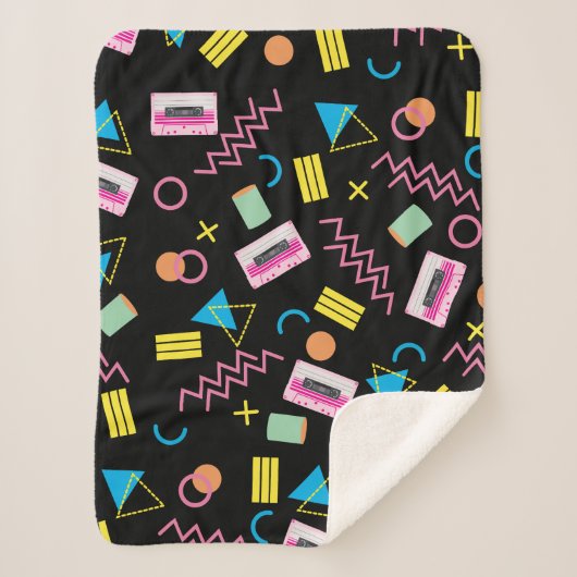 Schwarz farbenfrohe 80er Jahre Retro-Muster Sherpadecke (Vorderseite)