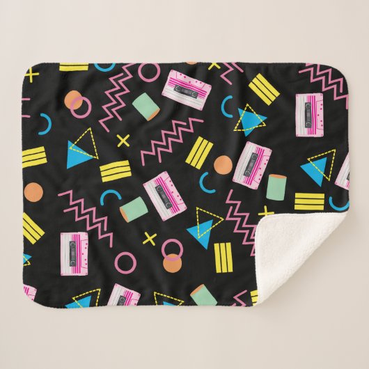 Schwarz farbenfrohe 80er Jahre Retro-Muster Sherpadecke (Vorderseite (Horizontal))