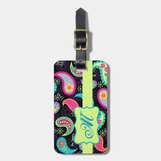 Schwarz Farbenfrohe moderne Paisley-Muster Monogra Gepäckanhänger (Vorderseite vertikal)