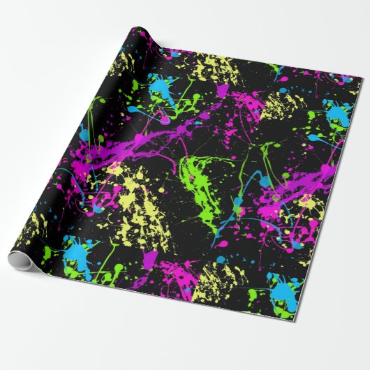 Schwarz-farbiges Neonpaint-Spritzer-Muster Geschenkpapier (Ungerollt)