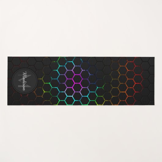 Schwarz farbiges Wabengeometrie-Muster Monogram Yogamatte (Vorderseite (Horizontal))