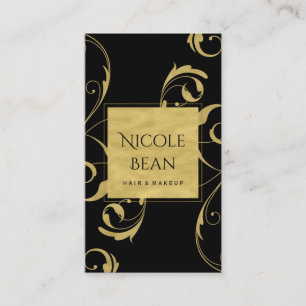 Schwarz & Faux-Gold-Blumenwirbel Elegant Visitenkarte