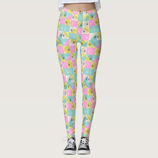 Schwarz florales farbiges Pastel-Schachbrettmuster Leggings (Vorderseite)