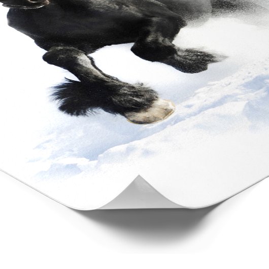 Schwarz Friesian Horse in Snow Decoupage Print Poster (Ecke)