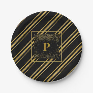 Schwarz & funkelndes Gold Candy Cane Streifen Chic Pappteller
