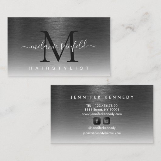 Schwarz gebürstetes Metall Elegante Monogram Scrip Visitenkarte (Vorne/Hinten)