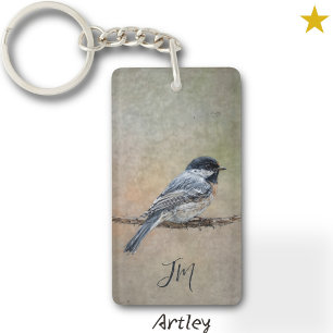 Schwarz gekappte Chickadee Bird Painting Initials Schlüsselanhänger