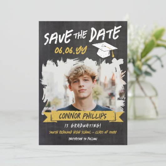 Schwarz-Gelb-Cool-Chalk-Foto-Abschluss Save The Date (Stehend Vorderseite)