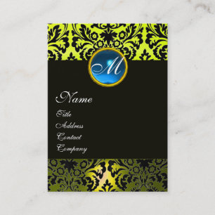 SCHWARZ GELB DAMAST MONOGRAMM ,Blauer Saphir Visitenkarte