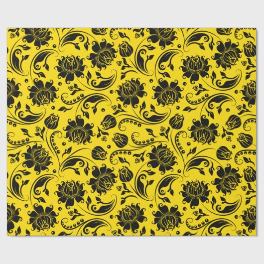 Schwarz-Gelb Elegante Vintage Damaskus Geschenkpapier (Flach)