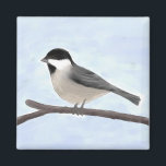 Schwarz-gelb-gekapptes Chickadee-Magnet Magnet<br><div class="desc">Magnet mit meiner originalen digitalen Aquarell-Illustration einer schwarz gekappten Chickadee auf einem leafless-Zweig gegen einen blass blauen Himmel.</div>