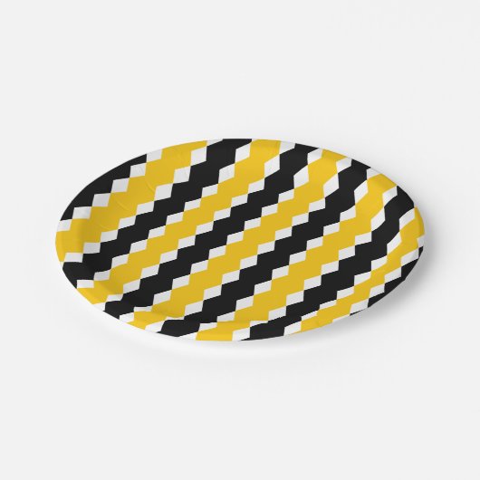 Schwarz/Gelb Geometrie: Funky Modernes Muster Pappteller (Schrägansicht)