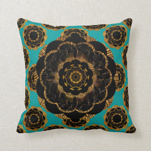 Schwarz Gelb Gold Mandala Design - Aqua Kissen