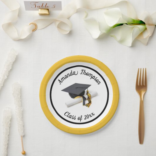 Schwarz-Gelb-Graduierungskappe und Tassel Pappteller (Hochzeit)