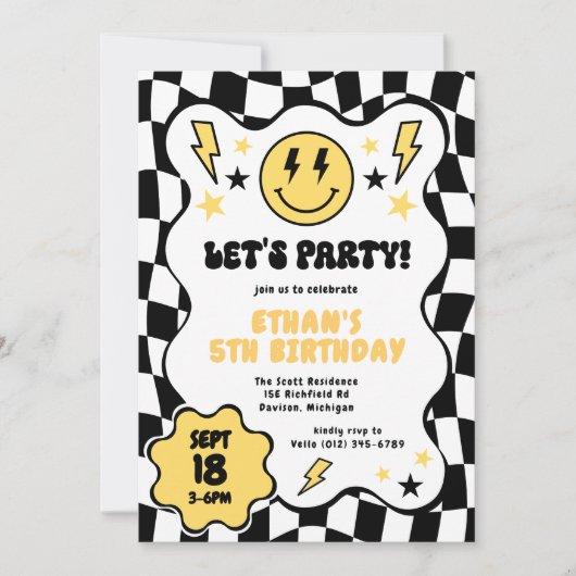 Schwarz-Gelb-Groovy-Lächeln Schachtelhaltiger Retr Einladung (Vorderseite)