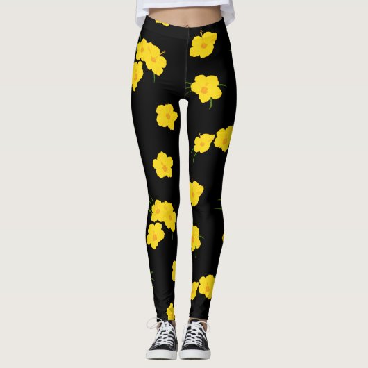Schwarz-Gelb-Hibiskus-Blume Gemustert Leggings (Vorderseite)