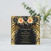 Schwarz-Gelb-Hibiskus Tropenflora-Party Einladung (Stehend Vorderseite)