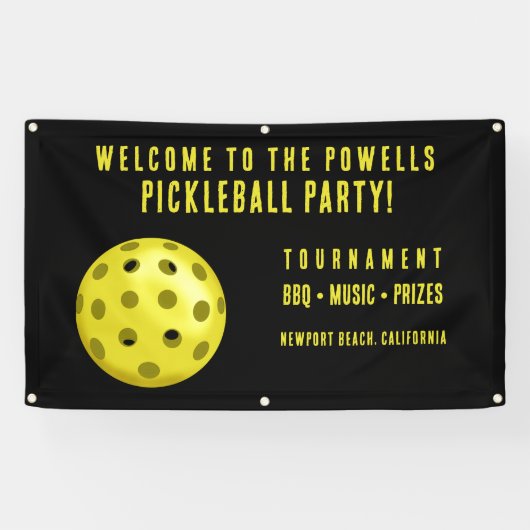Schwarz-Gelb-Pickleball-Party Willkommen Banner (Horizontal)