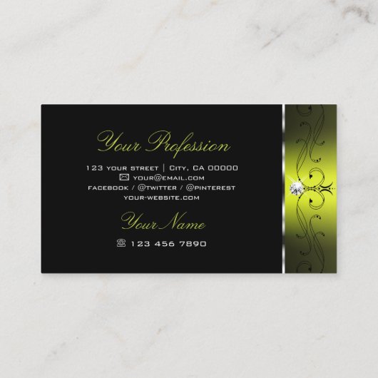 Schwarz-Gelb-Schnörkel Sparkling Diamonds Verziert Visitenkarte (Rückseite)