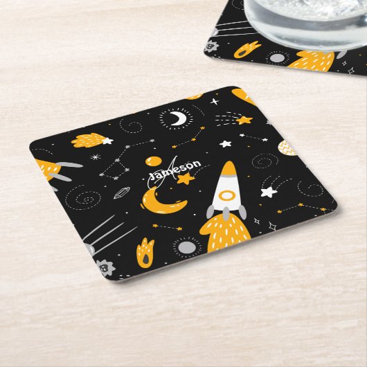 Schwarz-Gelb-Stars, Die Weltraumrakete des Mondes Rechteckiger Pappuntersetzer (angewinkelt)