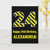 Schwarz & Gelb Streifen "24"; 24. Geburtstag + Nam Karte (Gelbe Blume)