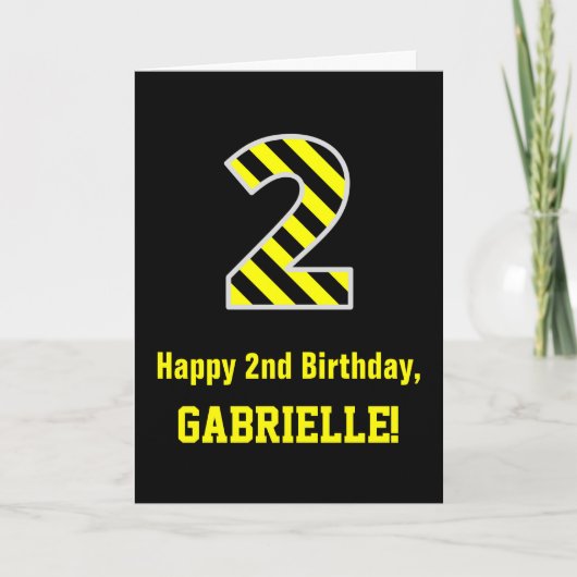 Schwarz & Gelb Streifen "2"; 2. Geburtstag + Name Karte (Vorderseite)