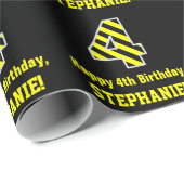 Schwarz & Gelb Streifen "4"; 4. Geburtstag + Name Geschenkpapier (Rolleneckpunkt)