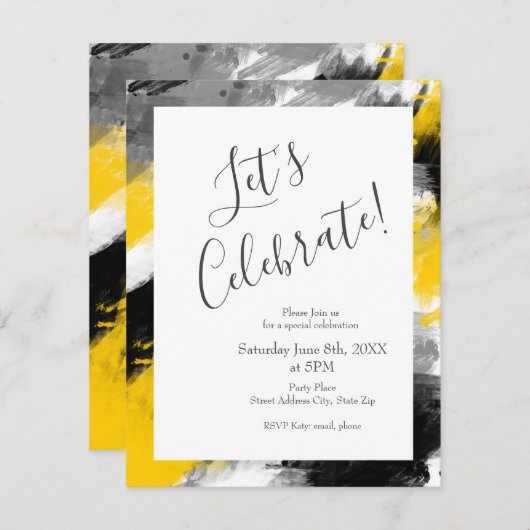 Schwarz-Gelb-Weiß-Moderne Abstrakte Pinselstriche Einladung (Vorne/Hinten)
