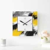Schwarz-Gelb-Weiß-Moderne Abstrakte Pinselstriche Quadratische Wanduhr (Zuhause)