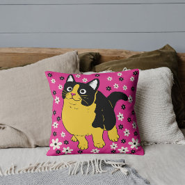 Schwarz-Gelb-Weiß-Niedliche Katze und Blume auf Ro Kissen